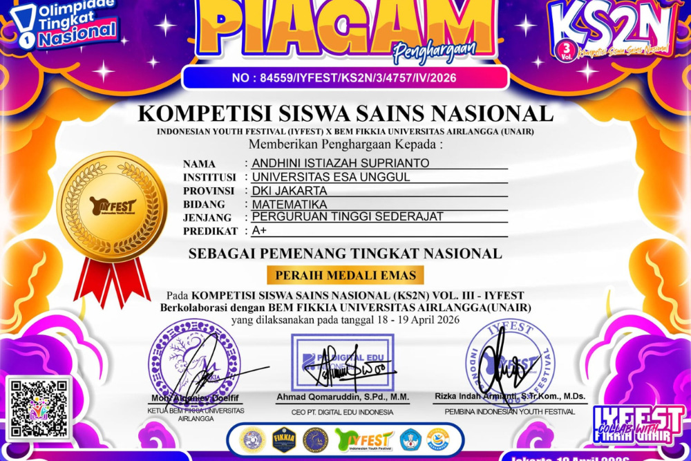 Certificate of appreciation for the National Science Student Competition, awarded to Andhini Istiazah Supriant0 of Universitas Esa Unggul (Jakarta) in Mathematics, Gold Medal.