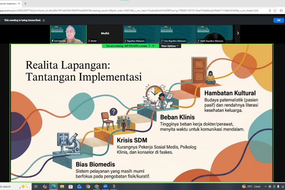 Infographic slide titled 'Realita Lapangan: Tantangan Implementasi' showing four health‑system challenges along colorful winding paths: Hambatan Kultural, Krisis SDM, Beban Klinis, Bias Biomedis.
